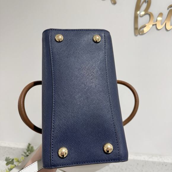 Michael Kors Hudson Medium Satchel Color Lock Navy Brown Leather DG - Picture 5 of 8